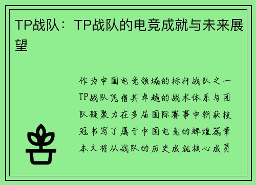 TP战队：TP战队的电竞成就与未来展望