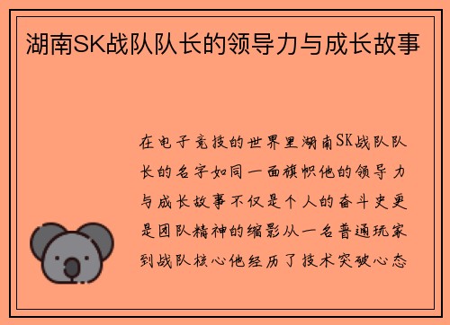 湖南SK战队队长的领导力与成长故事