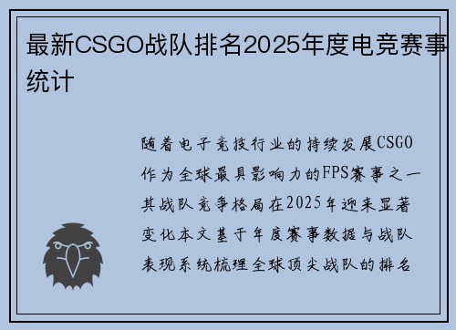 最新CSGO战队排名2025年度电竞赛事统计